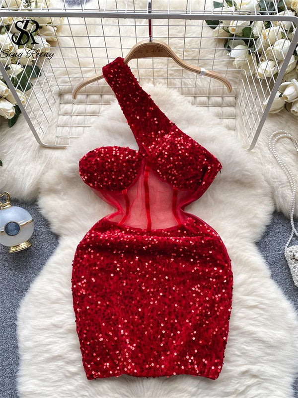 Fashion Mesh Sequin Bodycon Dress – Women's Transparent One-Shoulder Club Midi Dress