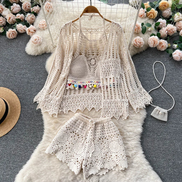 Hook Beach Style Three Piece Sets – Women Hollow Out Cardigan, Halter Camisole & Wide Leg Shorts Vacation Knitted Suits