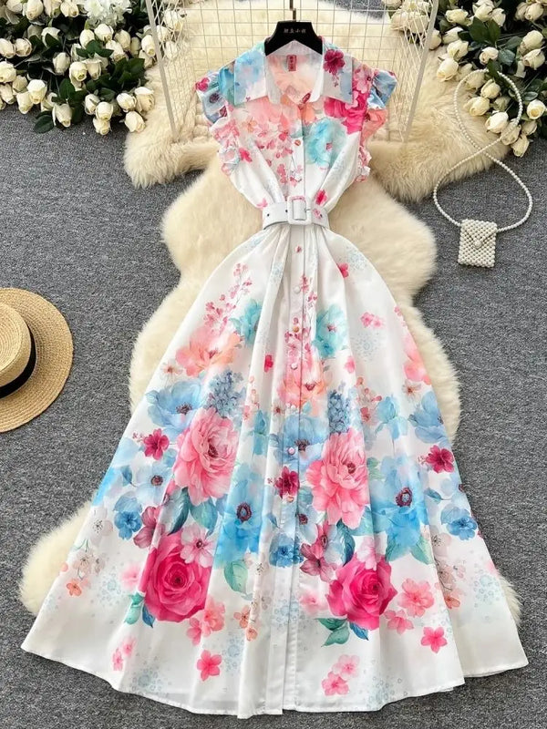Summer Holiday Flying Sleeve Ruffles Long Dress
