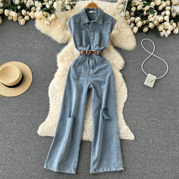Ripped Loose Denim Jumpsuit with Pockets, Sleeveless, Single Breasted, Vintage Sashes, Slim Fit Long Straight Rompers for Women – Streetwear Chic